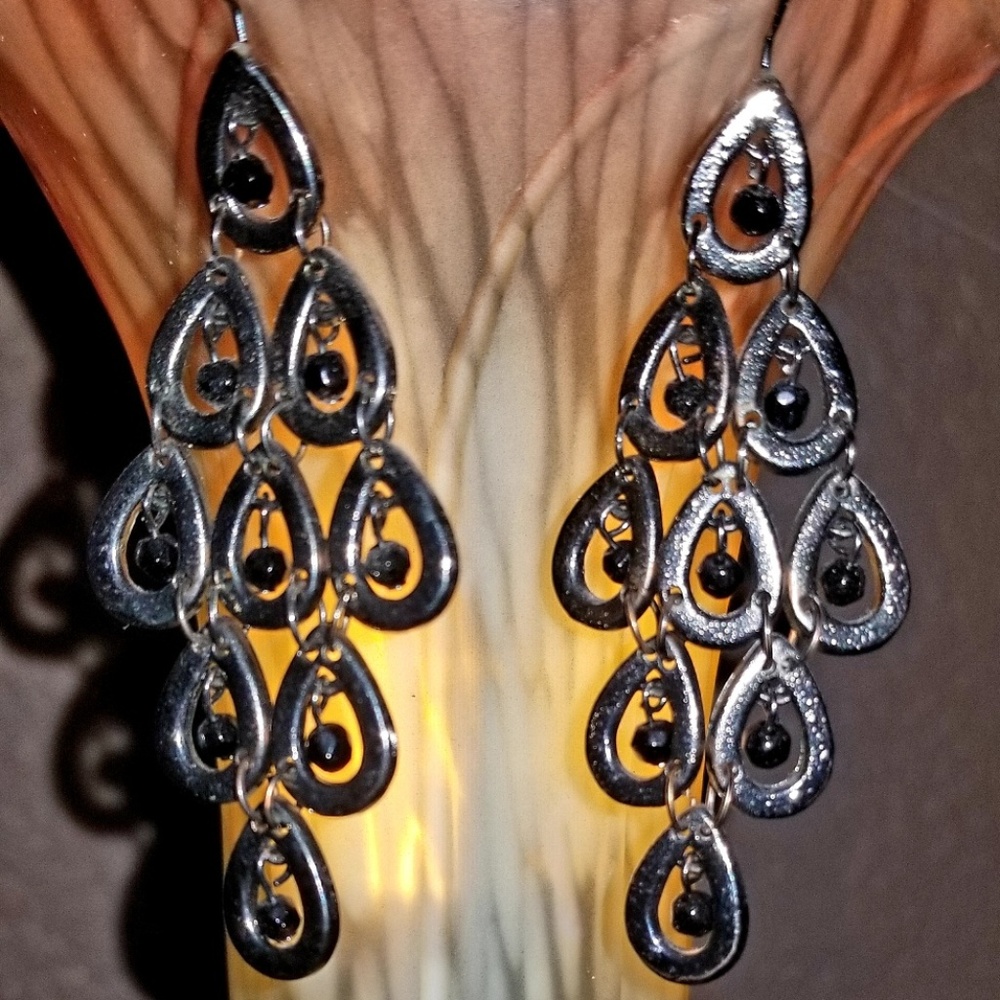 Dark Silver & Black Beaded Drop Earrings
